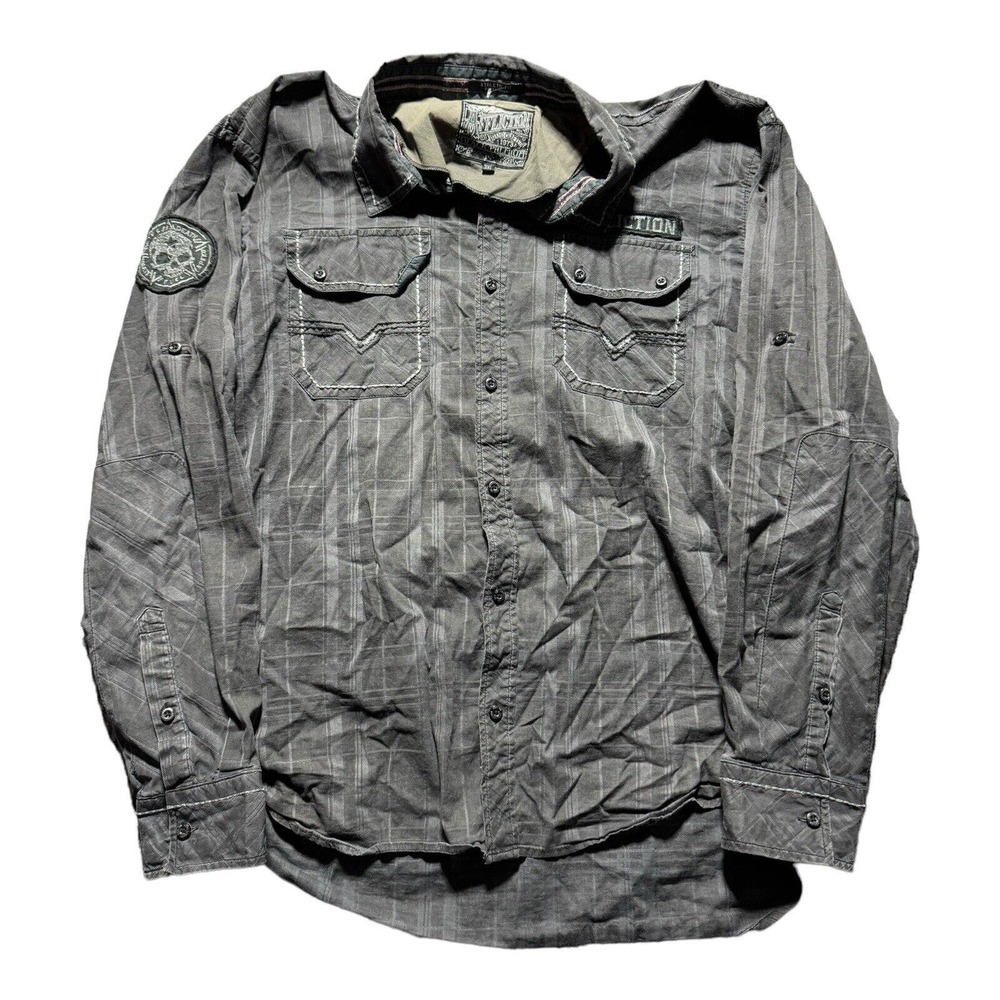 Affliction Mens Long Sleeve Athletic Button Up Shirt Size 3XL Gray Winged Skull